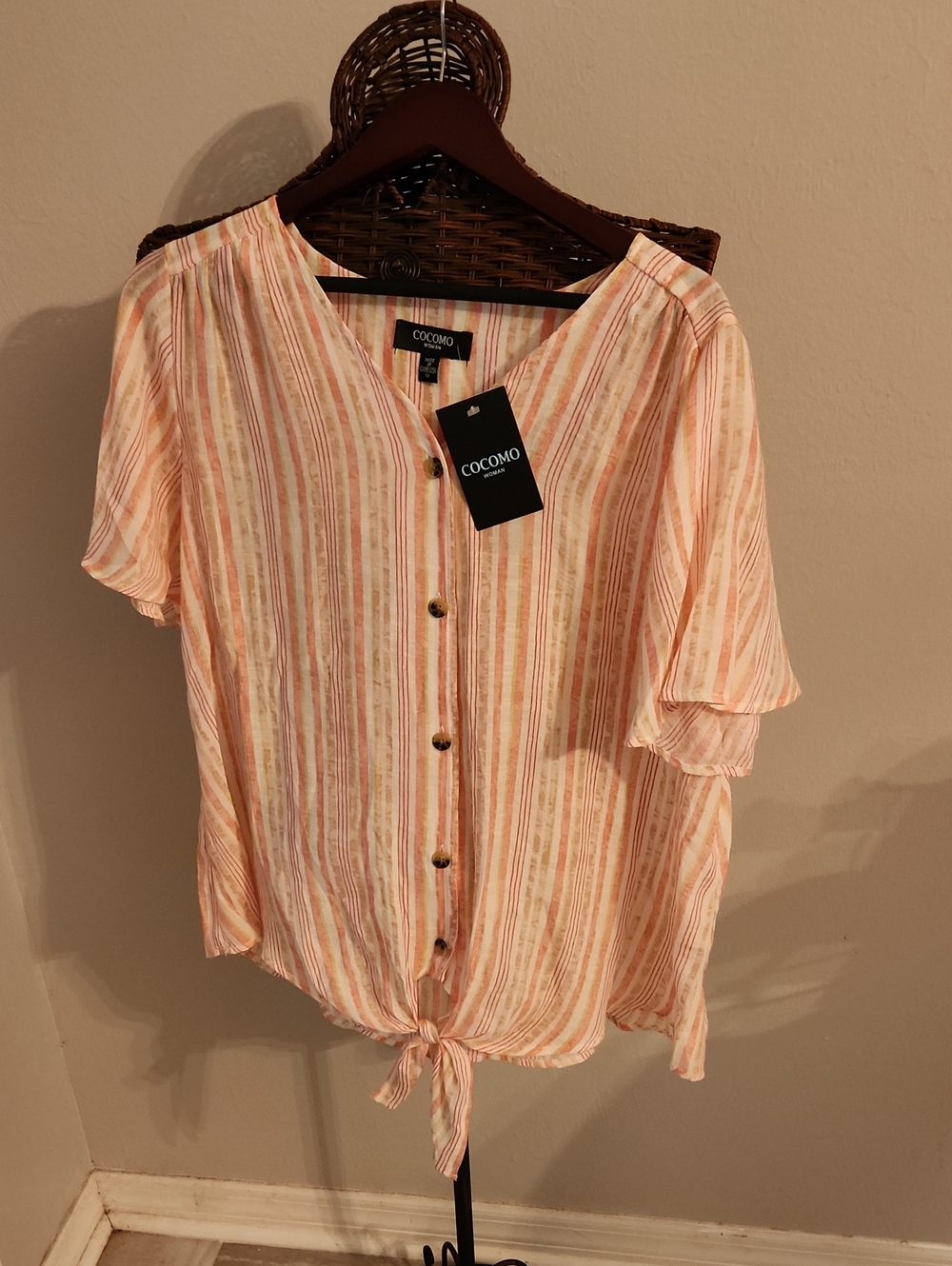 Cocomo Peach & Cream Striped Tie-Front Button Blouse